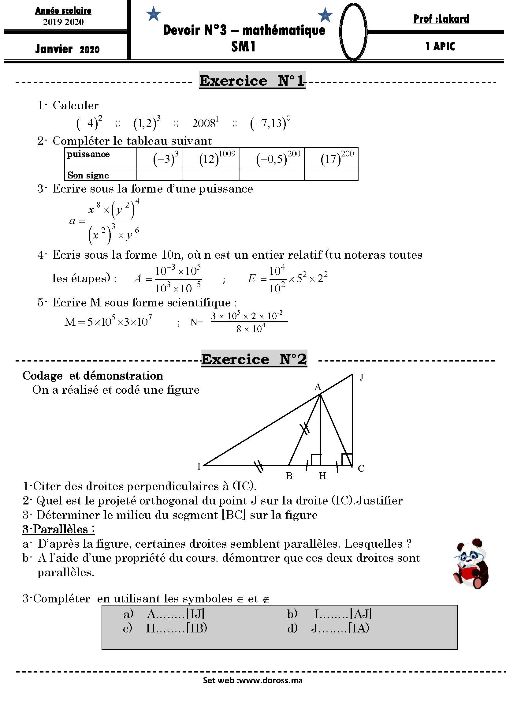 Devoir N°3 – mathématique SM1