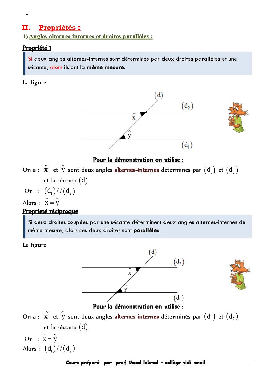دروس الرياضيات :Deux parallèles et une sécante | الأولى خيار فرنسي