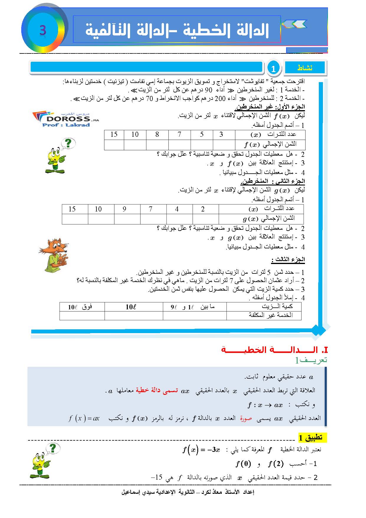 دروس الرياضيات : الدالة الخطية و التألفية +تطبيقات | الثالثة إعدادي 