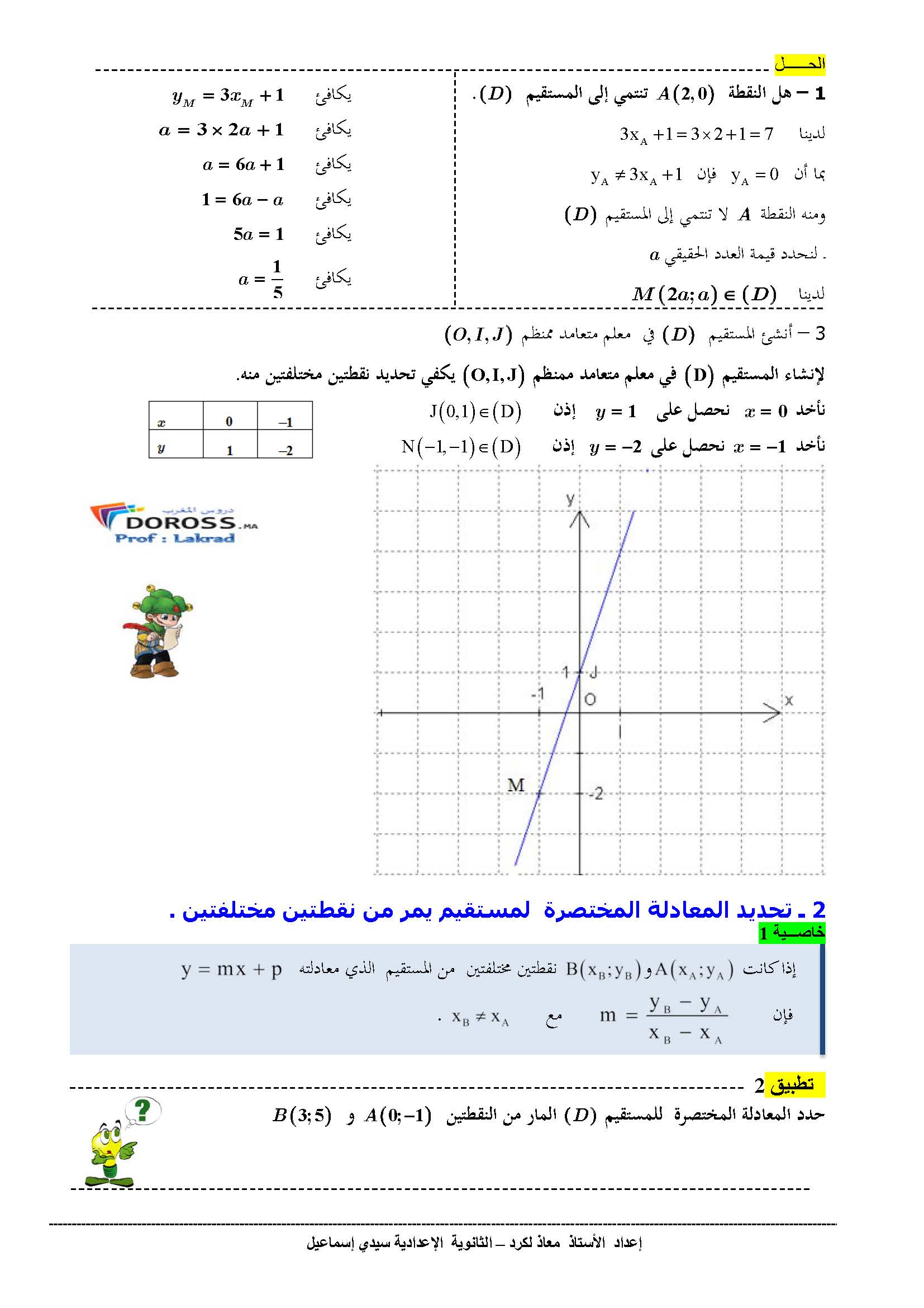 دروس الرياضيات : درس + تطبيقات معادلة مستقيم | الثالثة إعدادي 