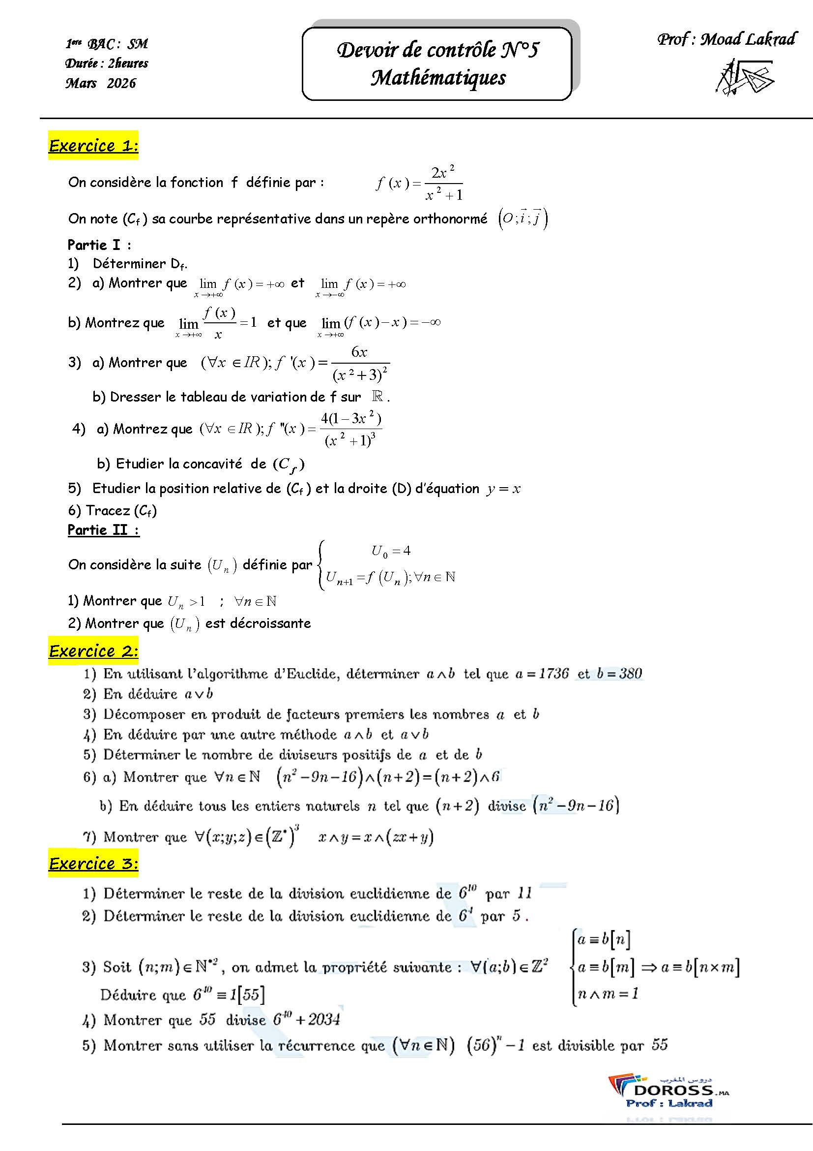 فروض الرياضيات : فرض محروس 3 الدورة 2 | الأولى باك علوم رياضية خيار فرنسي
