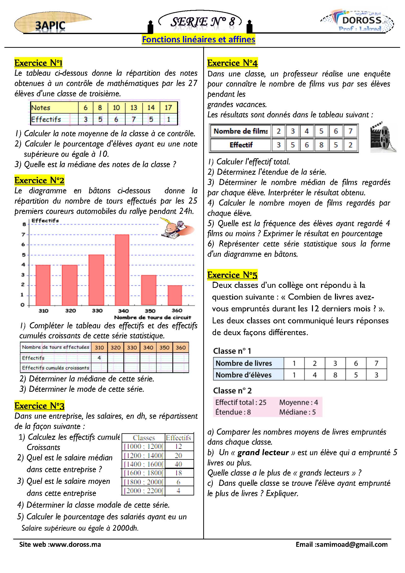 تمارين الرياضيات: Statistique |   الثالثة خيار فرنسي